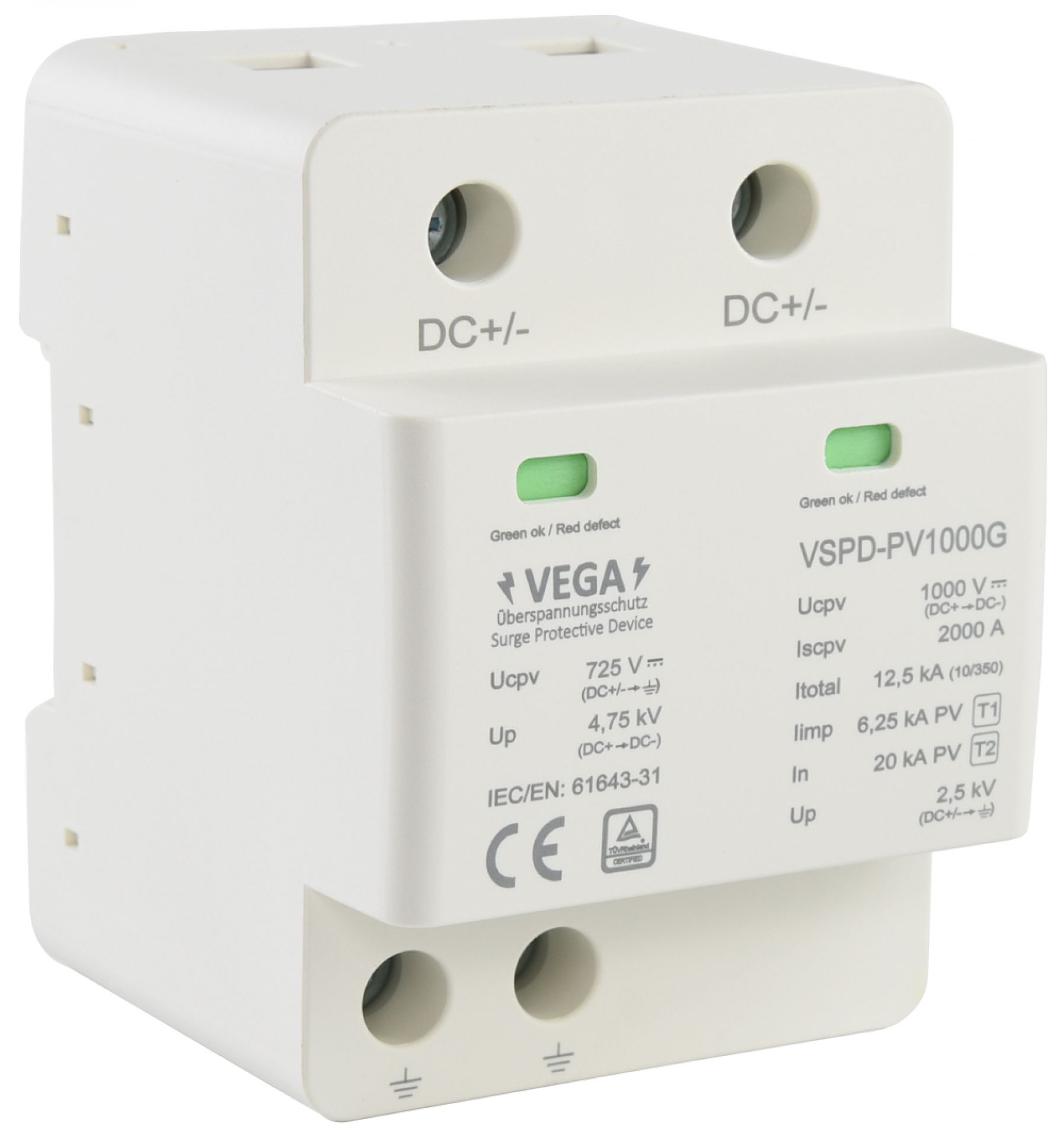 Überspannungsschutz Blitzschutz PV / 1000V DC / Typ 1 & 2 / Klasse B & C Kombi mit Gas Ableiter Überspannungsschutz Blitzschutz PV / 1000V DC / Typ 1 & 2 / Klasse B & C Kombi mit Gas Ableiter